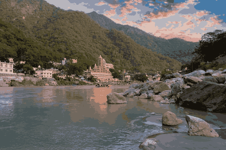 Rishikesh Ganga river view with mountains and temples