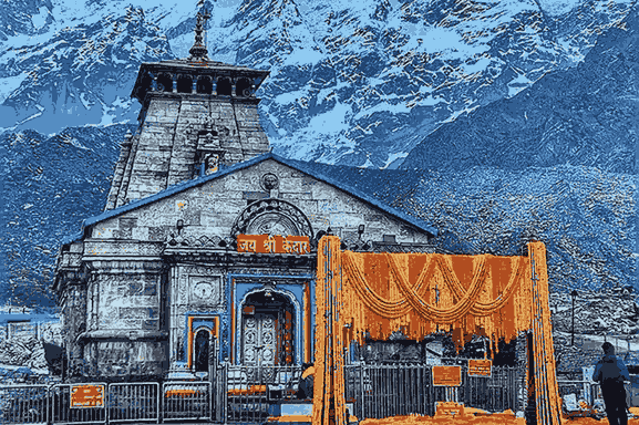 Kedarnath Temple landscape with dramatic mountain backdrop