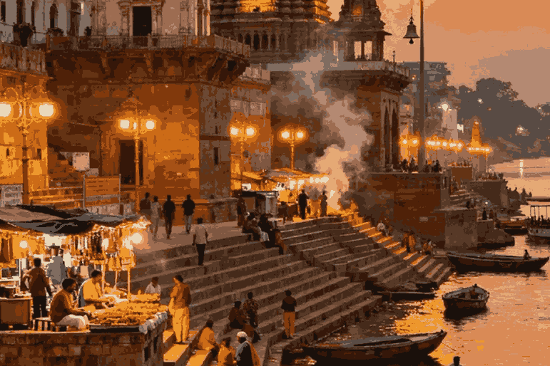 Evening view of Varanasi ghats with lights and devotees