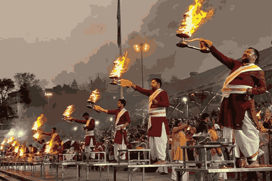 Evening Ganga Aarti at Parmarth Niketan with lamps and devotees