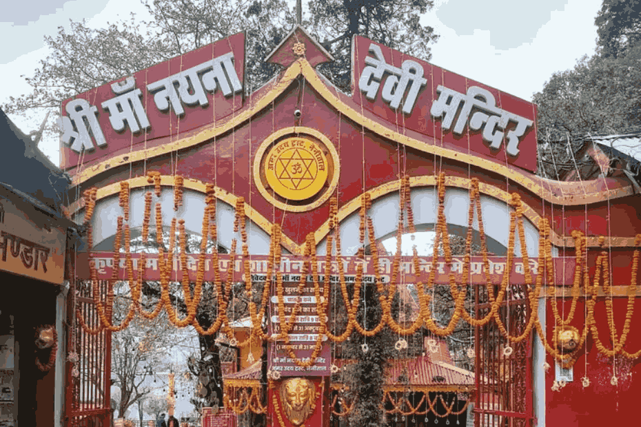 Naina Devi Temple Nainital overlooking Naini Lake with devotees offering prayers in Uttarakhand