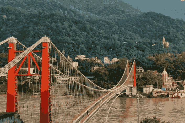 Ram Jhula suspension bridge over the Ganga River in Rishikesh