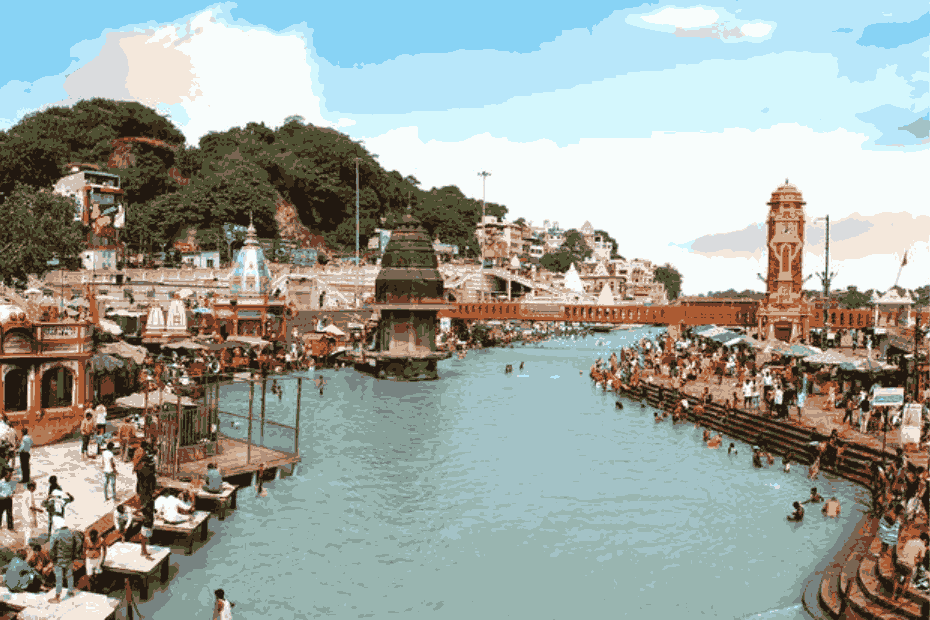 Devotees attending the evening Ganga Aarti at Har Ki Pauri ghat in Haridwar beside the holy River Ganga.